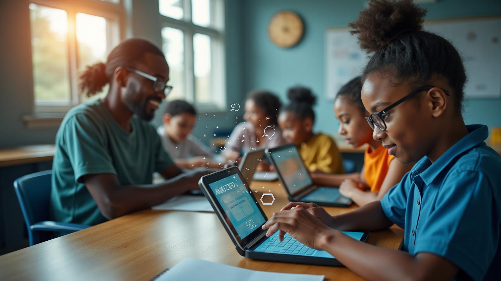 Modern educational technology platform showing diverse students and teachers using digital learning tools